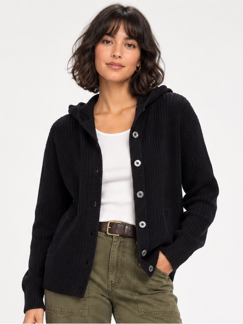 Lauren Ralph Lauren Black Hooded Chunky Knit Cardigan Sweater